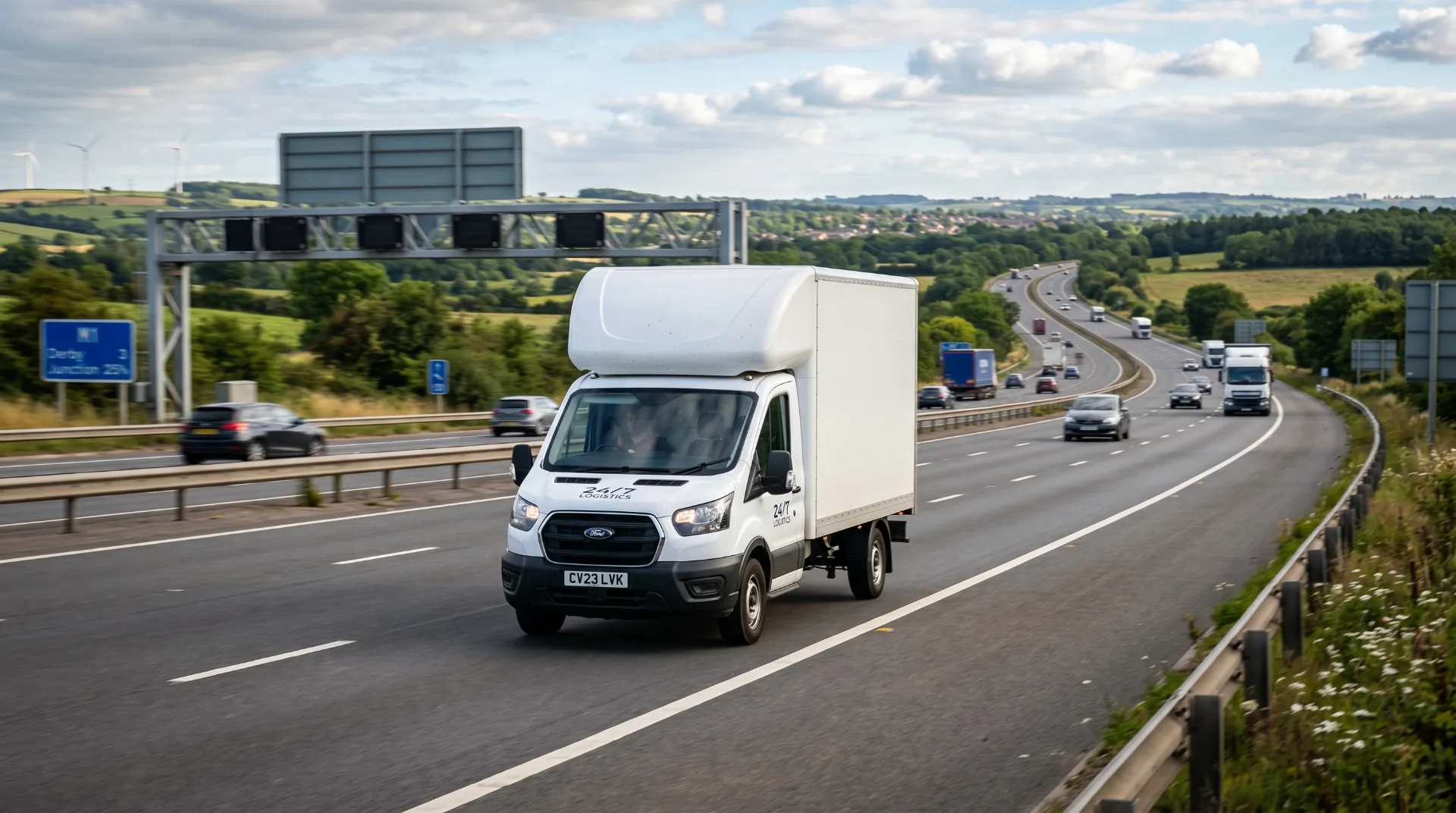 White courier van driving on a UK motorway at dusk